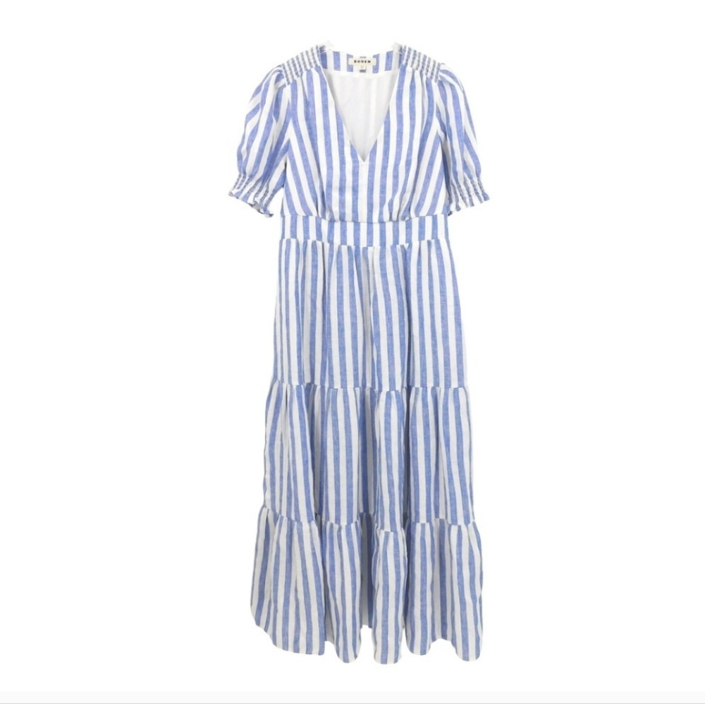 Boden Anna Linen Tiered Midi Dress Blue White Striped Smocked Puff Sleeve 12L